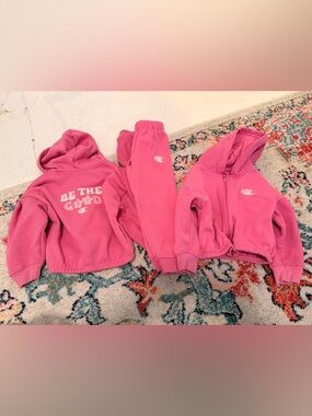 Champion Pink Kids Hoodie & Jogger Set with "Be The Good" Graphic (Twin Bundle)